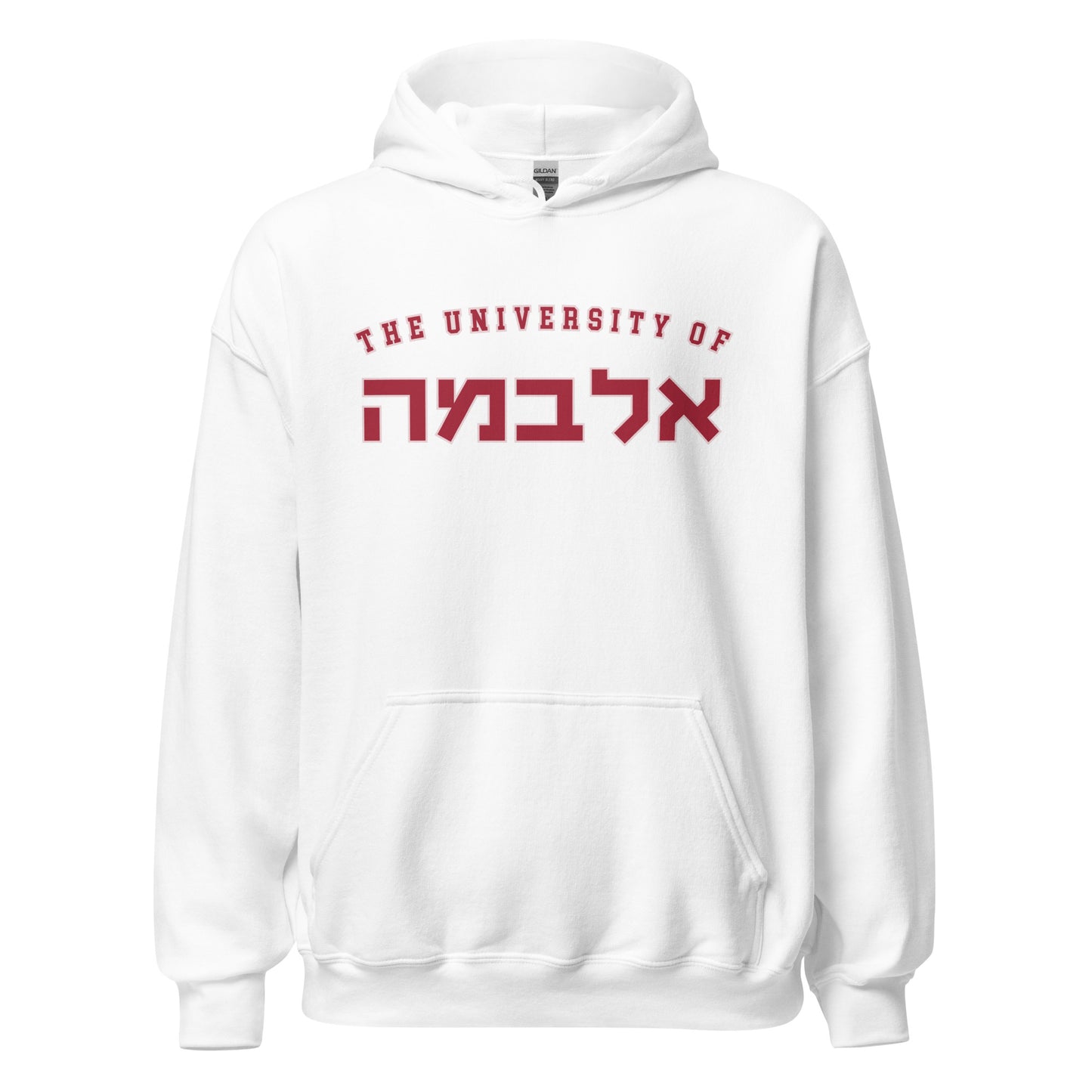 White Alabama Hoodie with Crimson Hebrew Text