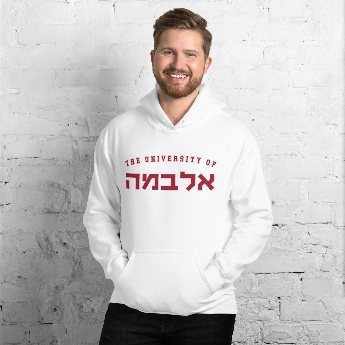 White Alabama Hoodie with Crimson Hebrew Text