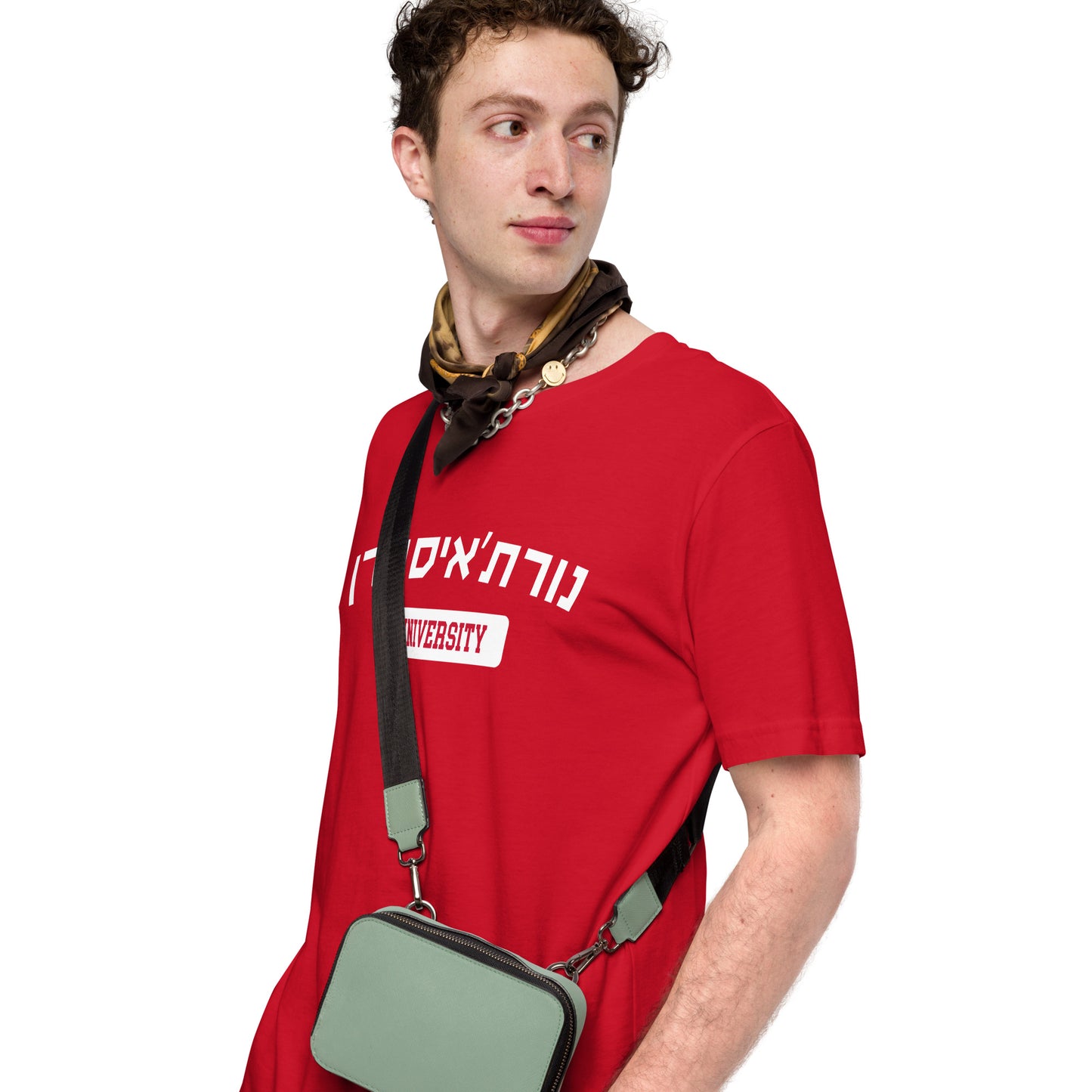 Northeastern Hebrew T-Shirt: Classic Red Comfort, White Script