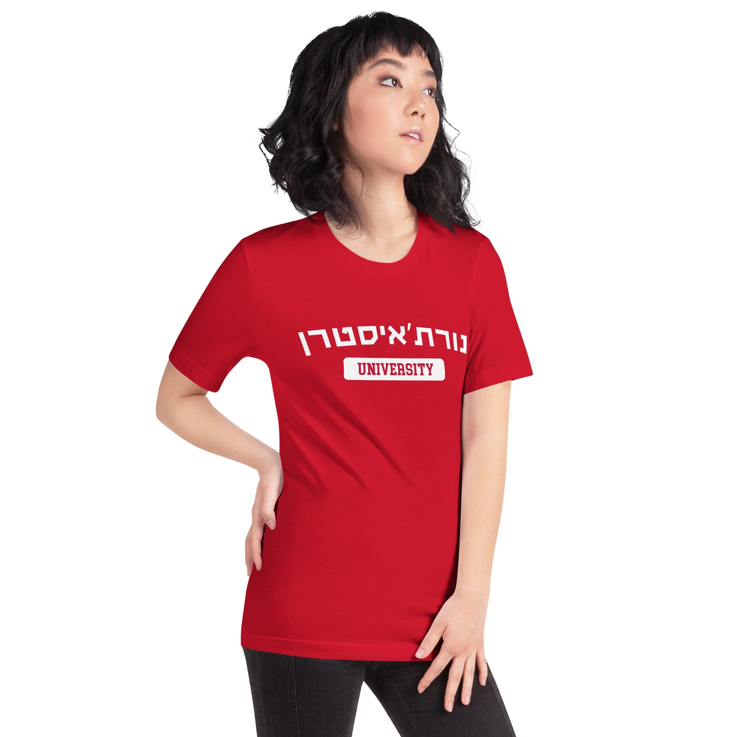 Northeastern Hebrew T-Shirt: Classic Red Comfort, White Script