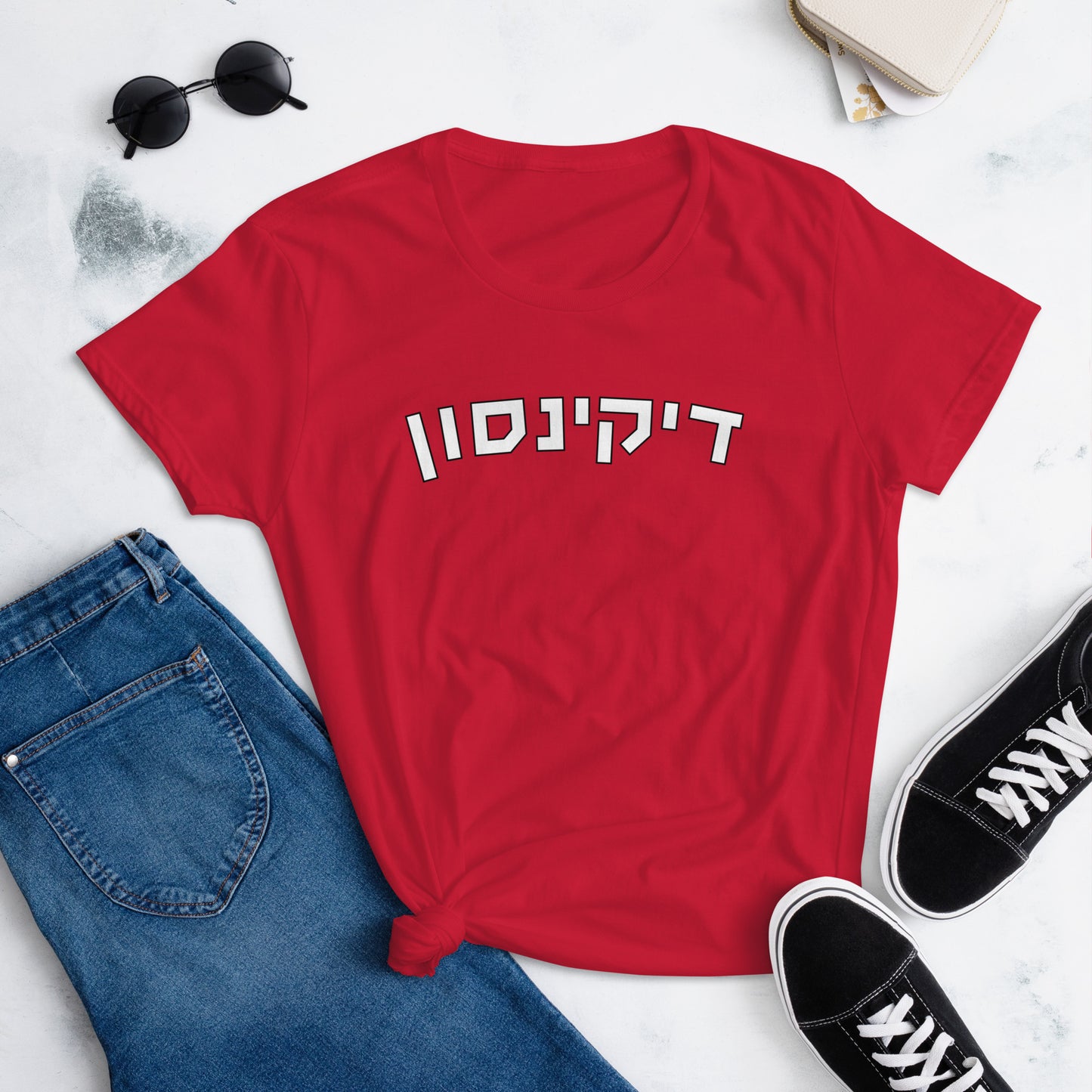 Dickinson Women’s Shirt - Red with White Hebrew Text